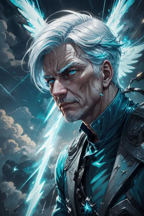 beautiful and detailed illustration, pop art, masterpiece, best quality, ultra-detailed, soft lighting, cinematic shot, vibrant colors, gorgeous colors, <lora:add_detail:0.3>, <lora:stylesqueeze_v2:0.5>,
(1man, old male:1.2), teal eyes, white hair, textured crop,
portrait, (bloody scars:0.7), looking away, solo, half shot, detailed background, close up, (evil <lora:AngelicAI:0.5>, AngelicAI theme:1.1), superhero, determined expression, flying, sky, clouds, electric sparks, explosions, battle scene, epic cinematic atmosphere,