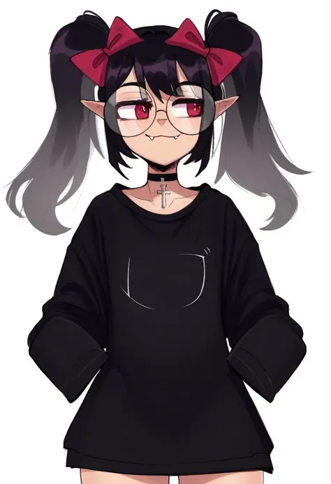 zPDXL, zPDXLxxx, score_9, score_8_up, score_7_up, score_6_up, score_5_up, score_4_up, BREAK <lora:Rev_Says_Desu:1>, rev_says_desu, 1girl, solo, twintails, cross, choker, fang, fang out, round eyewear, white background, smile, shirt, simple background, black shirt, black choker, long sleeves, signature, cross choker, hair bow, cross necklace, long hair, looking to the side, sleeves past wrists, dated, bow, cowboy shot, bespectacled, hair ribbon, sleeves past fingers, alternate costume, jewelry,