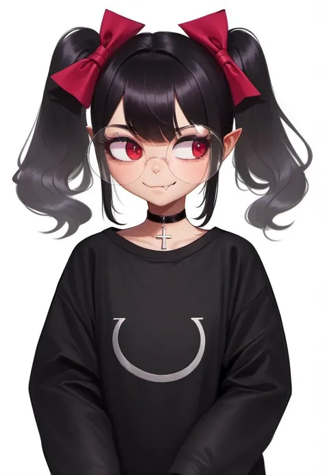 zPDXL, zPDXLxxx, score_9, score_8_up, score_7_up, score_6_up, score_5_up, score_4_up, BREAK <lora:Rev_Says_Desu:1>, rev_says_desu, 1girl, solo, twintails, cross, choker, fang, fang out, round eyewear, white background, smile, shirt, simple background, black shirt, black choker, long sleeves, signature, cross choker, hair bow, cross necklace, long hair, looking to the side, sleeves past wrists, dated, bow, cowboy shot, bespectacled, hair ribbon, sleeves past fingers, alternate costume, jewelry,