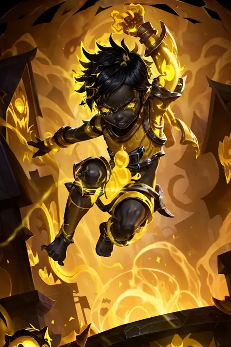 league of legends, lol, splash art, kid jumping, punch, black skin, short black hair, crying, inside a burning house, sad, (yellow glowing eyes:1.5), <lora:LoL Splash V02:0.75>