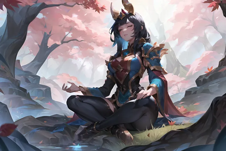 league of legends, lol, splash art,
autumn forest with tall trees, leaves floting in the foreground, long black hair, blunt bangs, woman meditating in the grass, blue sky, clouds, sun, (warm lighting:1.4),
<lora:LoL Splash V02:0.75>