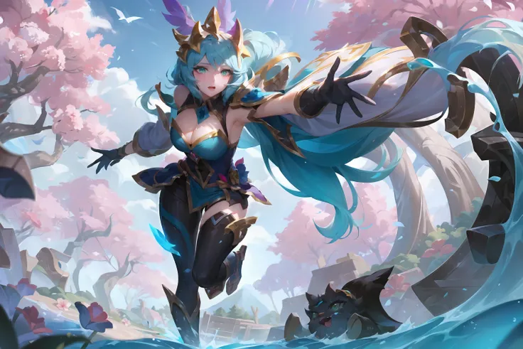 league of legends, lol, splash art,
woman running in a forest, sunny day, cute, big green eyes, tall trees in the background, flowers, blue sky with clouds,
<lora:LoL Splash V02:0.75>