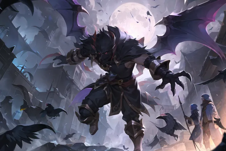 league of legends, lol, splash art,
scary creature lurking in the dark, medieval alley, full moon, medieval buildings in the background, dark sky, at night, crowd in the background, crows flying, scary, evil
<lora:LoL Splash V02:0.75>