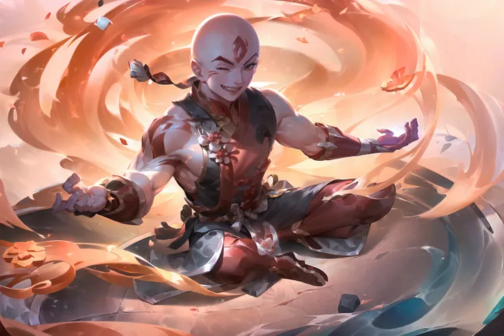 league of legends, lol, splash art,
(bald shaolin master wearing red wardrobes, floating over the floor while meditating, smilingg:1.5), mountain temple, snow, winter, concentrated, energy around his body,
<lora:LoL Splash V02:0.75>