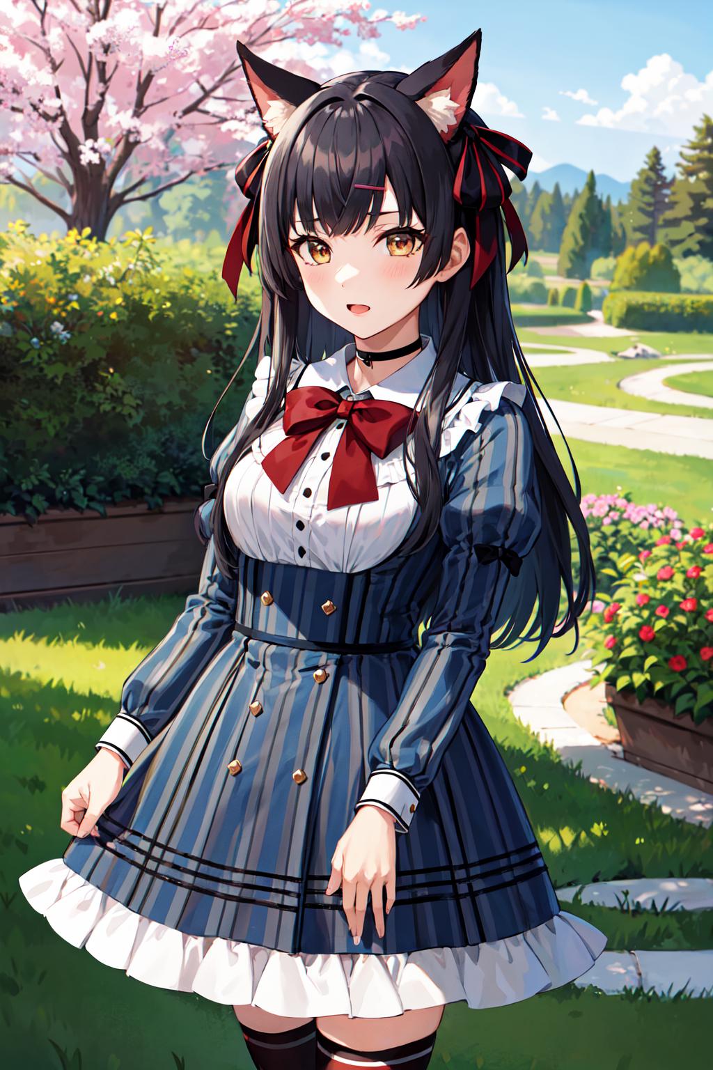 Anime girl in a blue dress with a cat ears and a bow - SeaArt AI
