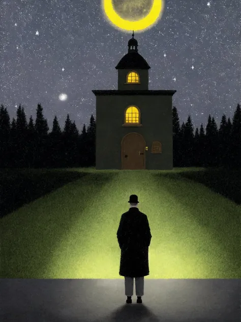 SerenityStyle,  solo, short hair, black hair, long sleeves, 1boy, hat, holding, standing, male focus, outdoors, sky, shoes, socks, black footwear, coat, night, moon, building, star (sky), night sky, snow, starry sky, black coat, wide shot, crescent moon , <lora:SerenityStyle:0.7>