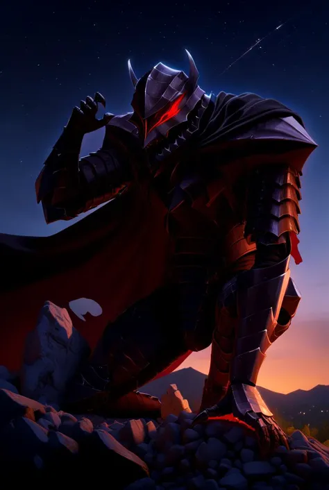 1boy, Guts_Berserker, helmet, red eyes, glowing, black armor, clawed gauntlets, claws, torn cape, blood on clothes, cinematic angle, medieval, night, moonlight, hill, stones, starry sky, masterpiece, best quality, <lora:GutsAnimdxlDwnsty:1>, claw pose,