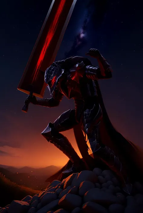 1boy, Guts_Berserker, helmet, red eyes, glowing, black armor, clawed gauntlets, claws, torn cape, blood on clothes, cinematic angle, medieval, night, moonlight, hill, stones, starry sky, masterpiece, best quality, <lora:GutsAnimdxlDwnsty:1>, huge weapon, weapon over shoulder,