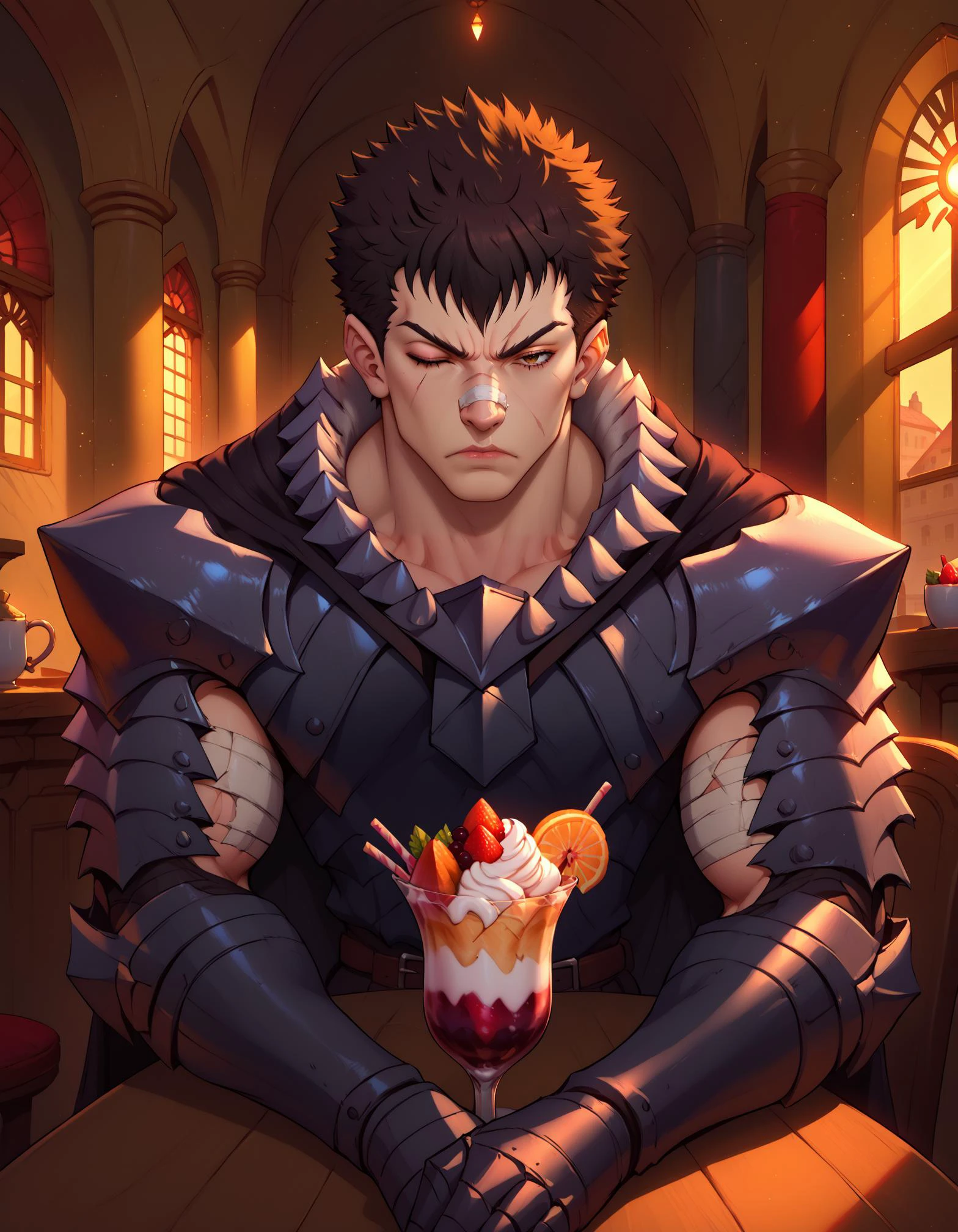 score_9, score_8_up, score_7_up, score_6_up, score_5_up, score_4_up, source_anime,
BREAK 1man, solo, guts \(berserk\), angry, sword on back, Guts_Armor, brown eyes, short hair, spiked hair, (black armor:1.1), full_armor, shoulder armor, gauntlets, pauldrons, greaves, bandaged arm, black cape, torn cape, scar on nose, one eye closed, muscular male, huge weapon, medieval,
BREAK cup, window, pov across table, cafe, sitting, parfait, food, ice cream, upper body, chair, saucer, pov, pov dating, looking at viewer,
detailed background, indoors, <lora:GutsPdxlDwnsty:0.7> <lora:PONYXL_CONCEPT_PovDating_ownwaifu:1>