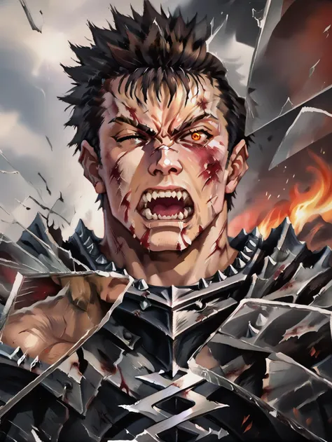 score_9, score_8_up, score_7_up, source filmmaker \(medium\), best quality, masterpiece, [source_anime:photo:0.01], irl, real, eye_focus, natural skin, detailed skin, detailed eyes, rating_explicit, oil painting, traditional media, realistic,
1man, muscular male, Guts_Berserker, Guts_Armor, brown eyes, (black short hair), multicolored hair, spiked hair, a small pile of white hair, black armor, gauntlets, greaves, bandaged arm, black cape, torn cape, scar, right eye closed, (red eyes, glowing), black armor, clawed gauntlets, claws, torn cape, crazy angry face, open mouth, teeth, shouting, blood stain on face, 
IncrsXLBrknGls, broken glass, reflection, upper body, war field with flame as background 
<lora:BreakingGlassXLPDCAME:0.8> <lora:GutsPdxlDwnsty:0.8> <lora:angry:0.8> <lora:Impressionism Oil Painting Style LoRA_Pony XL v6:0.8>