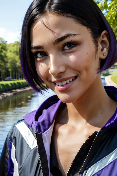 Reina, brown eyes, short black hair, two-tone hair,black and purple jacket, looking at viewer, smiling, close up, outside, trees, river, blue sky, high quality, masterpiece <lora:ReinaM:.7>