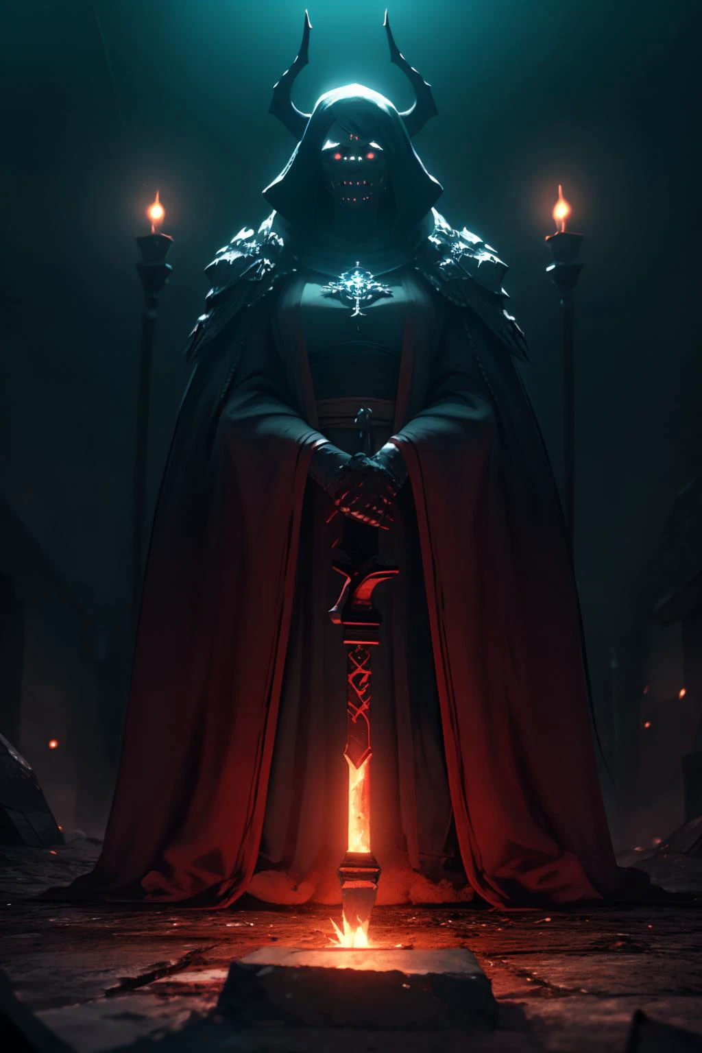 highres, masterpiece, perfect lighting, bloom, cinematic lighting, adult, female, looking at viewer, <lora:Dark_Knight_MINI:1> DRK_Glam, dark armor, wearing DRK_Glam <lora:UnlimitedBladeWorks1.6:1> Scythe, holding, weapon, holding weapon, smug, smirk, angry, ancient temple, dark magic, ominous, rituals, arcane symbols, shadowy, eerie, mystical, foreboding, ancient artifacts, sacrificial, cryptic inscriptions, forbidden knowledge, occult practices, mysterious energy, esoteric, sinister, hidden power, eerie atmosphere, cursed, enchanted, otherworldly, malevolent, haunting, supernatural, ancient rituals