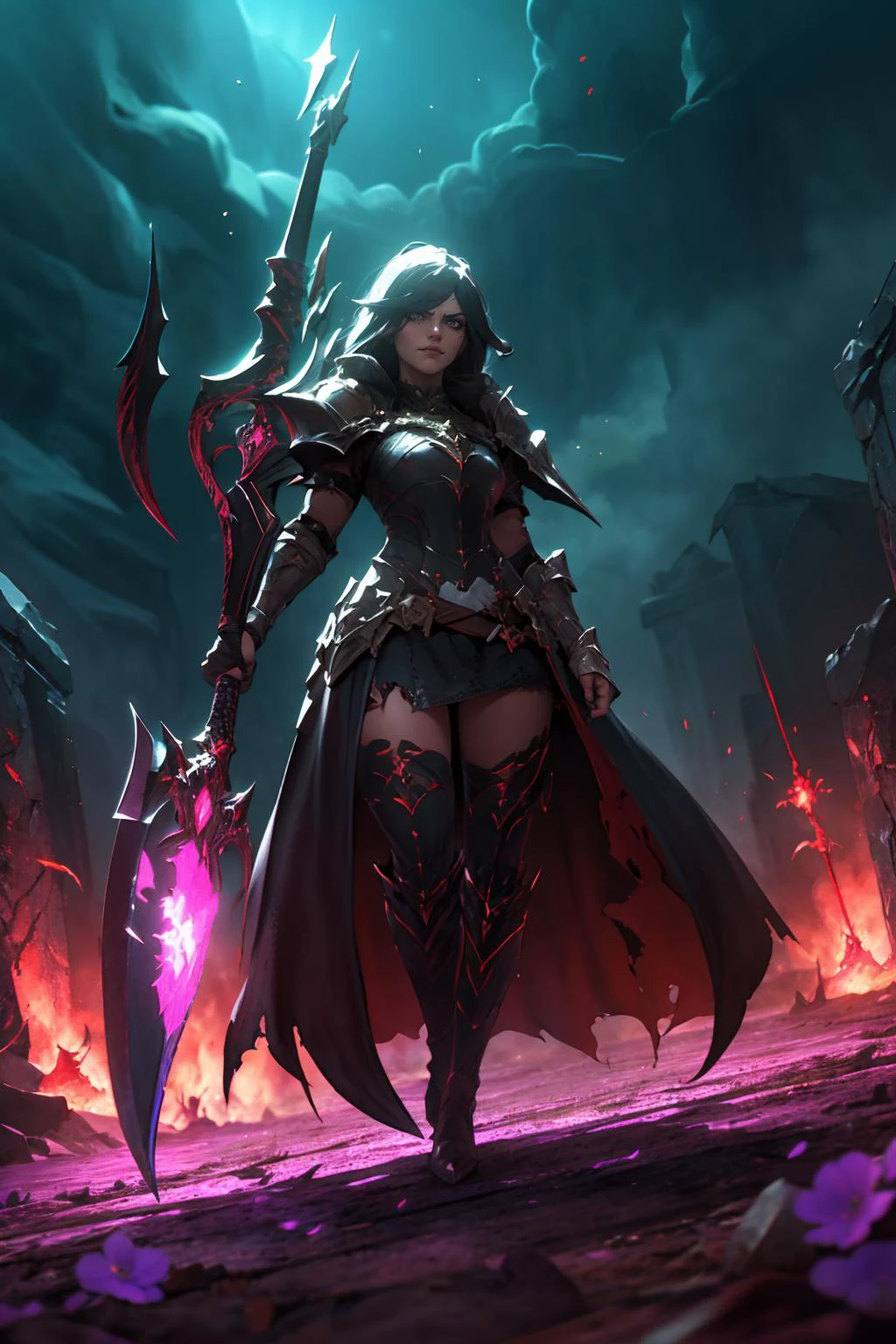 highres, masterpiece, perfect lighting, bloom, cinematic lighting, adult, female, looking at viewer, <lora:Dark_Knight_MINI:1> DRK_Glam, dark armor, wearing DRK_Glam <lora:UnlimitedBladeWorks1.6:1> Scythe, holding, weapon, holding weapon, smug, smirk, angry, medieval battleground, dark magic, sorcery, arcane spells, ominous sky, swirling shadows, battlefield chaos, mystical energies, enchanted weapons, warlocks, incantations, cursed ground, ethereal flames, dark sorcery, sinister forces, conjured beasts, epic clash, ancient curses, chaotic spells, mystical incantations, malevolent presence, battleground frenzy, enchanted armor, spectral illusions, mystical havoc