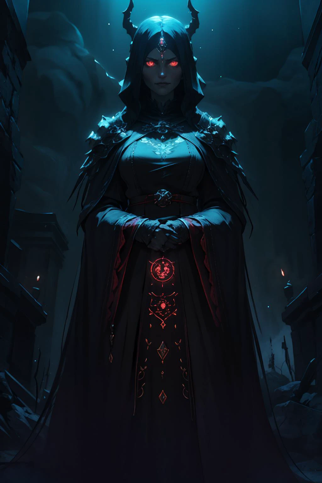 highres, masterpiece, perfect lighting, bloom, cinematic lighting, adult, female, looking at viewer, <lora:Dark_Knight_MINI:1> DRK_Glam, dark armor, wearing DRK_Glam <lora:UnlimitedBladeWorks1.6:1> Scythe, holding, weapon, holding weapon, smug, smirk, angry, ancient temple, dark magic, ominous, rituals, arcane symbols, shadowy, eerie, mystical, foreboding, ancient artifacts, sacrificial, cryptic inscriptions, forbidden knowledge, occult practices, mysterious energy, esoteric, sinister, hidden power, eerie atmosphere, cursed, enchanted, otherworldly, malevolent, haunting, supernatural, ancient rituals