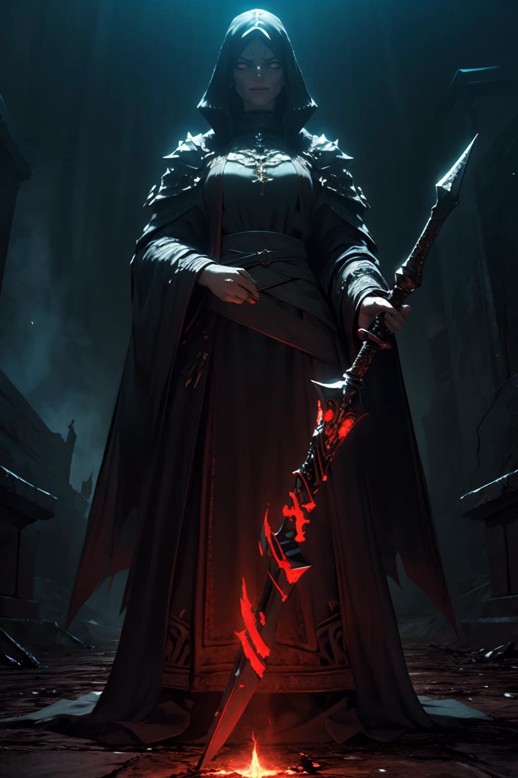 highres, masterpiece, perfect lighting, bloom, cinematic lighting, adult, female, looking at viewer, <lora:Dark_Knight_MINI:1> DRK_Glam, dark armor, wearing DRK_Glam <lora:UnlimitedBladeWorks1.6:1> Scythe, holding, weapon, holding weapon, smug, smirk, angry, ancient temple, dark magic, ominous, rituals, arcane symbols, shadowy, eerie, mystical, foreboding, ancient artifacts, sacrificial, cryptic inscriptions, forbidden knowledge, occult practices, mysterious energy, esoteric, sinister, hidden power, eerie atmosphere, cursed, enchanted, otherworldly, malevolent, haunting, supernatural, ancient rituals