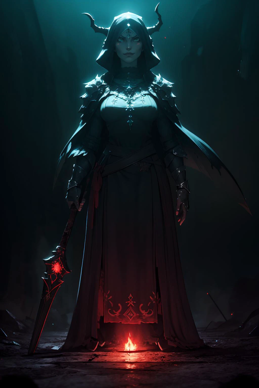 highres, masterpiece, perfect lighting, bloom, cinematic lighting, adult, female, looking at viewer, <lora:Dark_Knight_MINI:1> DRK_Glam, dark armor, wearing DRK_Glam <lora:UnlimitedBladeWorks1.6:1> Scythe, holding, weapon, holding weapon, smug, smirk, angry, ancient temple, dark magic, ominous, rituals, arcane symbols, shadowy, eerie, mystical, foreboding, ancient artifacts, sacrificial, cryptic inscriptions, forbidden knowledge, occult practices, mysterious energy, esoteric, sinister, hidden power, eerie atmosphere, cursed, enchanted, otherworldly, malevolent, haunting, supernatural, ancient rituals
