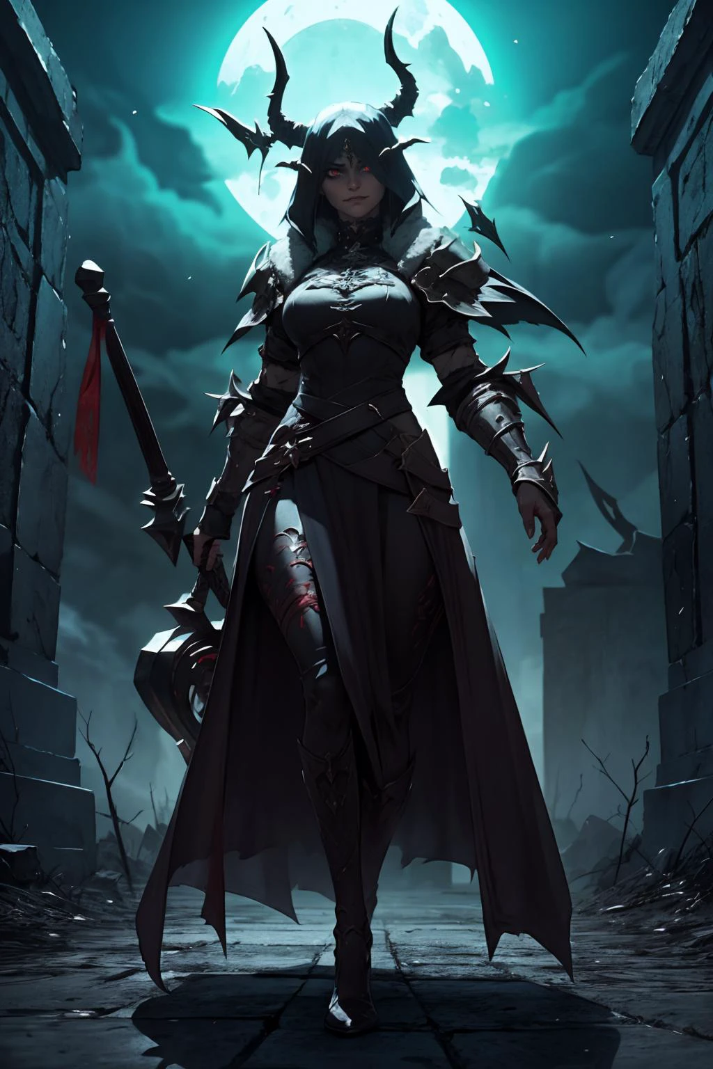 highres, masterpiece, perfect lighting, bloom, cinematic lighting, adult, female, looking at viewer, <lora:Dark_Knight_MINI:1> DRK_Glam, dark armor, wearing DRK_Glam <lora:UnlimitedBladeWorks1.6:1> Scythe, holding, weapon, holding weapon, smug, smirk, angry, ancient temple, dark magic, ominous, rituals, arcane symbols, shadowy, eerie, mystical, foreboding, ancient artifacts, sacrificial, cryptic inscriptions, forbidden knowledge, occult practices, mysterious energy, esoteric, sinister, hidden power, eerie atmosphere, cursed, enchanted, otherworldly, malevolent, haunting, supernatural, ancient rituals
