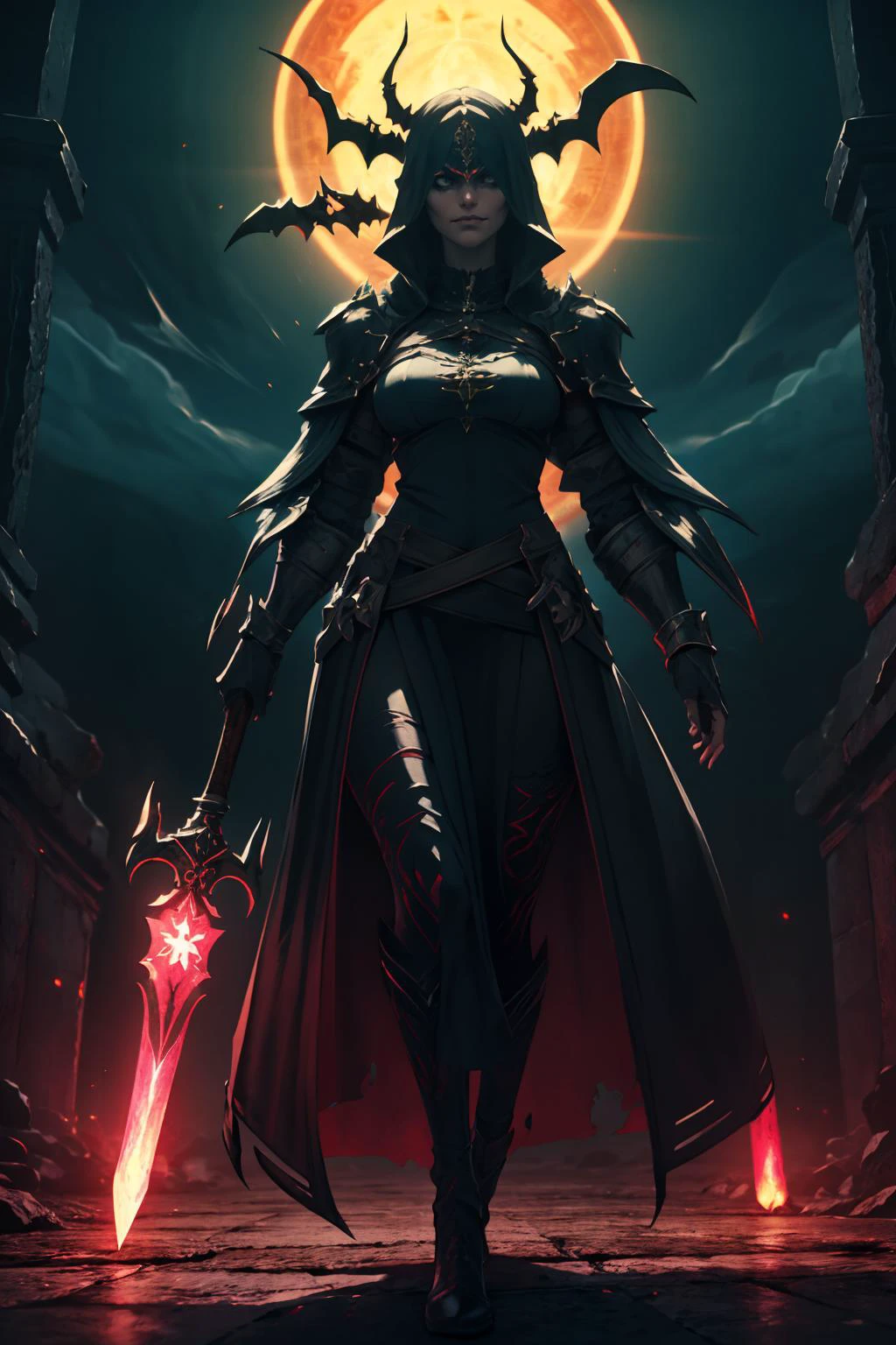 highres, masterpiece, perfect lighting, bloom, cinematic lighting, adult, female, looking at viewer, <lora:Dark_Knight_MINI:1> DRK_Glam, dark armor, wearing DRK_Glam <lora:UnlimitedBladeWorks1.6:1> Scythe, holding, weapon, holding weapon, smug, smirk, angry, ancient temple, dark magic, ominous, rituals, arcane symbols, shadowy, eerie, mystical, foreboding, ancient artifacts, sacrificial, cryptic inscriptions, forbidden knowledge, occult practices, mysterious energy, esoteric, sinister, hidden power, eerie atmosphere, cursed, enchanted, otherworldly, malevolent, haunting, supernatural, ancient rituals