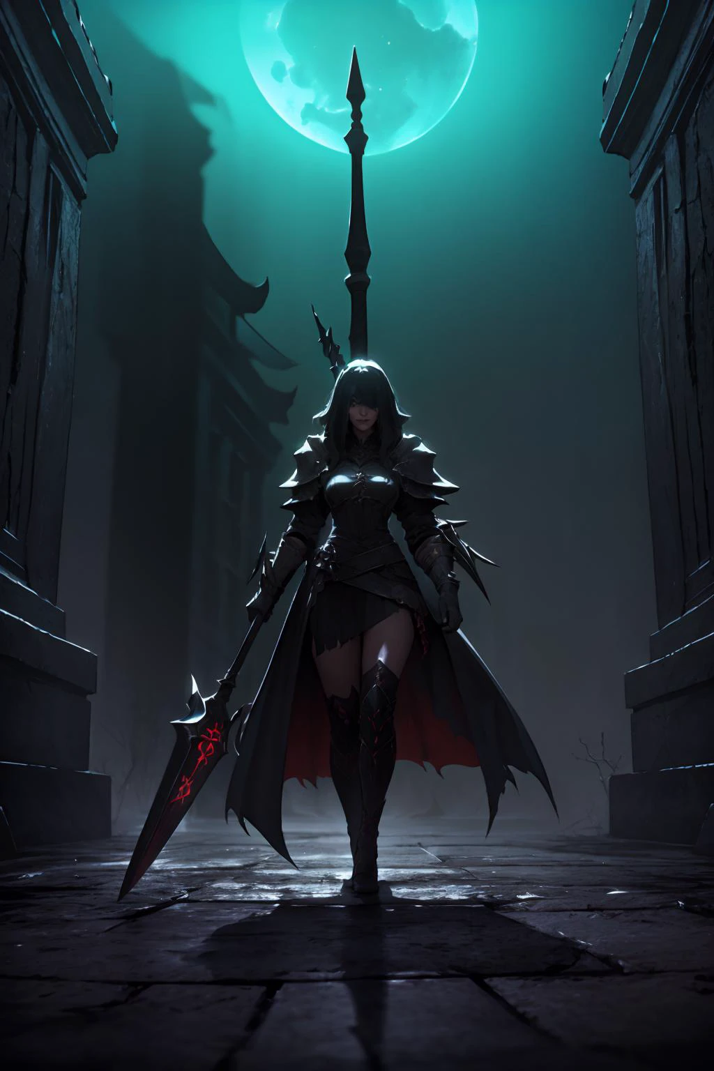 highres, masterpiece, perfect lighting, bloom, cinematic lighting, adult, female, looking at viewer, <lora:Dark_Knight_MINI:1> DRK_Glam, dark armor, wearing DRK_Glam <lora:UnlimitedBladeWorks1.6:1> Scythe, holding, weapon, holding weapon, smug, smirk, angry, ancient temple, dark magic, ominous, rituals, arcane symbols, shadowy, eerie, mystical, foreboding, ancient artifacts, sacrificial, cryptic inscriptions, forbidden knowledge, occult practices, mysterious energy, esoteric, sinister, hidden power, eerie atmosphere, cursed, enchanted, otherworldly, malevolent, haunting, supernatural, ancient rituals