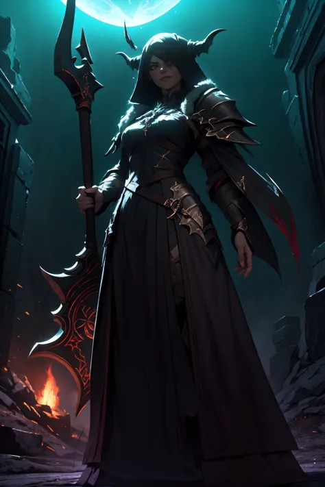 highres, masterpiece, perfect lighting, bloom, cinematic lighting, adult, female, looking at viewer, <lora:Dark_Knight_MINI:1> DRK_Glam, dark armor, wearing DRK_Glam <lora:UnlimitedBladeWorks1.6:1> Scythe, holding, weapon, holding weapon, smug, smirk, angry, ancient temple, dark magic, ominous, rituals, arcane symbols, shadowy, eerie, mystical, foreboding, ancient artifacts, sacrificial, cryptic inscriptions, forbidden knowledge, occult practices, mysterious energy, esoteric, sinister, hidden power, eerie atmosphere, cursed, enchanted, otherworldly, malevolent, haunting, supernatural, ancient rituals