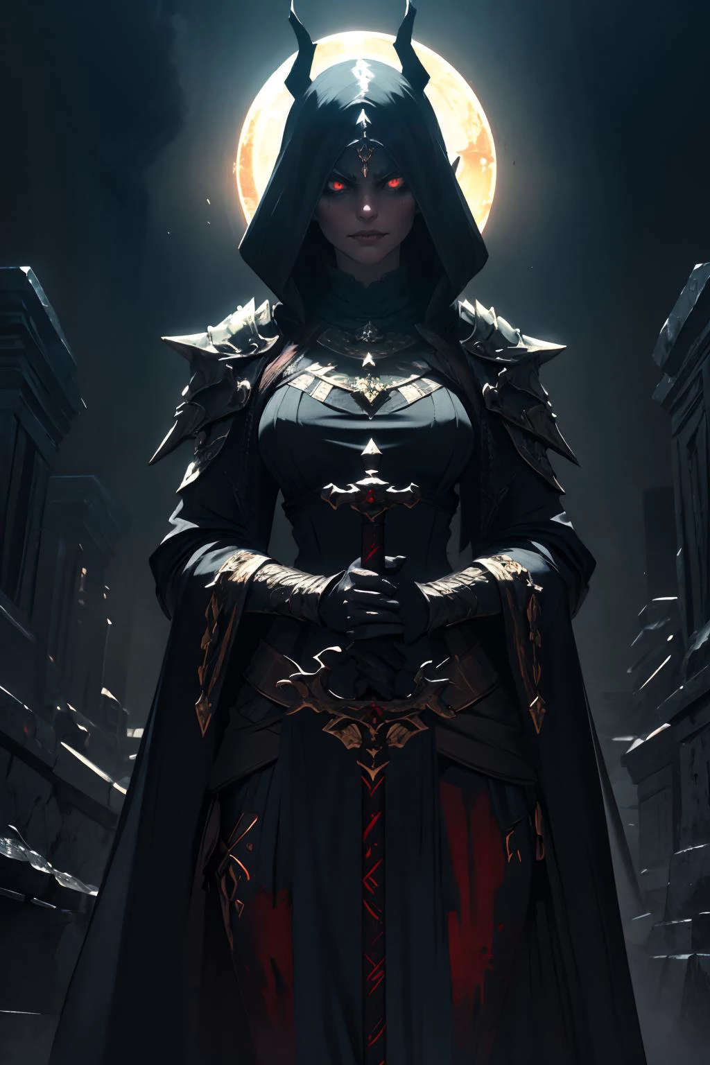highres, masterpiece, perfect lighting, bloom, cinematic lighting, adult, female, looking at viewer, <lora:Dark_Knight_MINI:1> DRK_Glam, dark armor, wearing DRK_Glam <lora:UnlimitedBladeWorks1.6:1> Scythe, holding, weapon, holding weapon, smug, smirk, angry, ancient temple, dark magic, ominous, rituals, arcane symbols, shadowy, eerie, mystical, foreboding, ancient artifacts, sacrificial, cryptic inscriptions, forbidden knowledge, occult practices, mysterious energy, esoteric, sinister, hidden power, eerie atmosphere, cursed, enchanted, otherworldly, malevolent, haunting, supernatural, ancient rituals