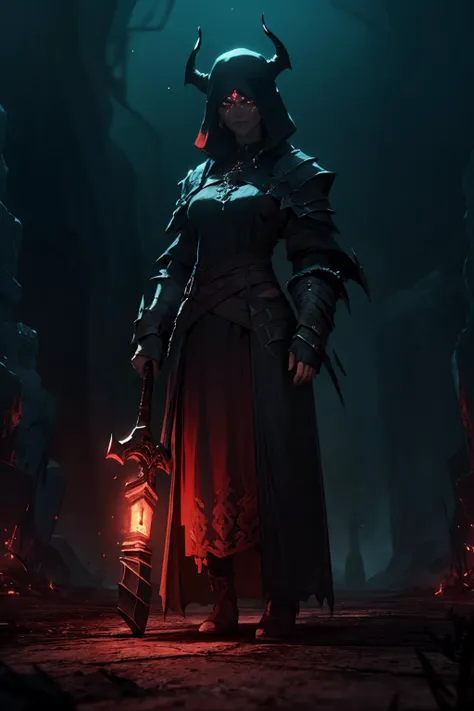 highres, masterpiece, perfect lighting, bloom, cinematic lighting, adult, female, looking at viewer, <lora:Dark_Knight_MINI:1> DRK_Glam, dark armor, wearing DRK_Glam <lora:UnlimitedBladeWorks1.6:1> Scythe, holding, weapon, holding weapon, smug, smirk, angry, ancient temple, dark magic, ominous, rituals, arcane symbols, shadowy, eerie, mystical, foreboding, ancient artifacts, sacrificial, cryptic inscriptions, forbidden knowledge, occult practices, mysterious energy, esoteric, sinister, hidden power, eerie atmosphere, cursed, enchanted, otherworldly, malevolent, haunting, supernatural, ancient rituals