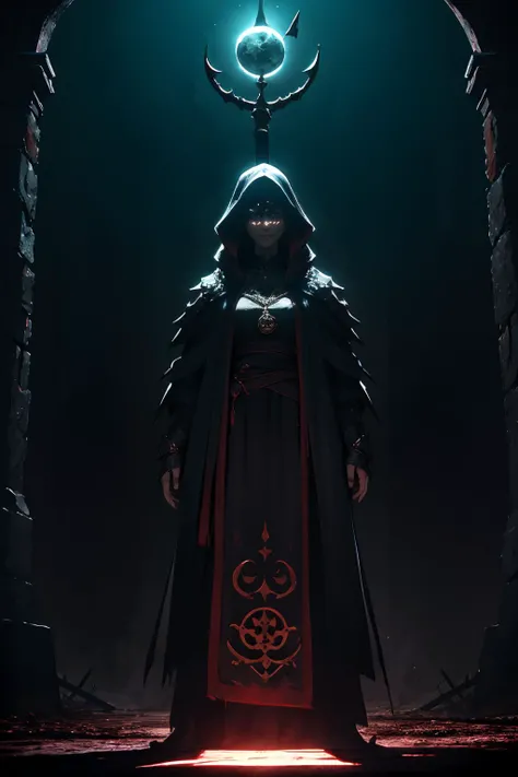 highres, masterpiece, perfect lighting, bloom, cinematic lighting, adult, female, looking at viewer, <lora:Dark_Knight_MINI:1> DRK_Glam, dark armor,  wearing DRK_Glam <lora:UnlimitedBladeWorks1.6:1> Scythe, holding, weapon, holding weapon, smug, smirk, angry, ancient temple, dark magic, ominous, rituals, arcane symbols, shadowy, eerie, mystical, foreboding, ancient artifacts, sacrificial, cryptic inscriptions, forbidden knowledge, occult practices, mysterious energy, esoteric, sinister, hidden power, eerie atmosphere, cursed, enchanted, otherworldly, malevolent, haunting, supernatural, ancient rituals