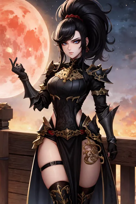 (masterpiece:1.2), (best quality:1.2), perfect eyes, perfect face, perfect lighting, 1girl, mature female standing on a bridge at night, pale skin, medium black hair, pompadour cut, drk_glam, armor, gauntlets, pauldrons, belt, straps, pelvic curtain, detailed background, emotionless, night time, red moon in the sky, makeup, eyeshadow, thick eyelashes <lora:darkKnightFashion_v10:1>
