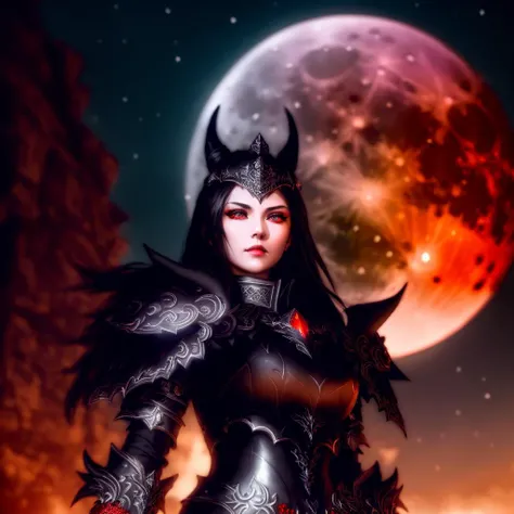 (dark:1.4), deep shadow, darkness, (under the moonlight, blood moon:1.3), award winning photo, extremely detailed, amazing, fine detail, absurdres, highly detailed woman, extremely detailed eyes and face, piercing red eyes, by lee jeffries nikon d850 film stock photograph 4 kodak portra 400 camera f1.6 lens rich colors hyper realistic lifelike texture dramatic lighting unrealengine trending on artstation cinestill 800 tungsten, Style-Neeko, wearing black steel armor, DARK_Glam, wearing DRK_Glam, Dark Knight, from below view, full armored body focus, intimidating look, dark horned helmet <lora:DRK_Fashion:0.6>