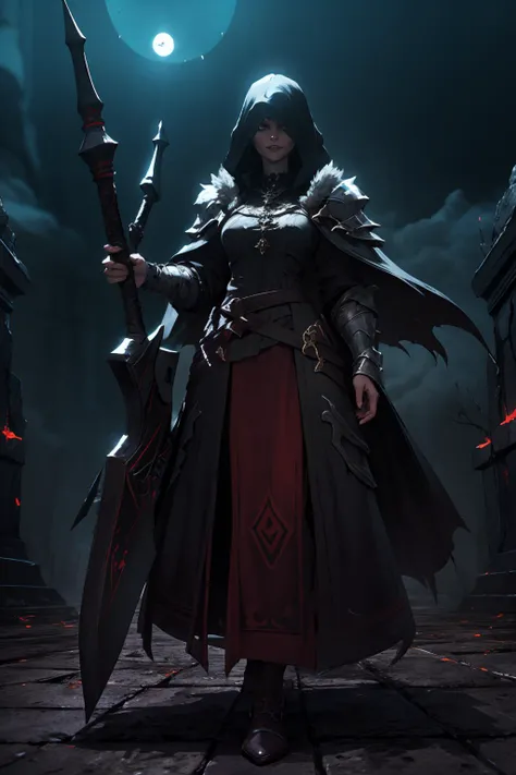 highres, masterpiece, perfect lighting, bloom, cinematic lighting, adult, female, looking at viewer, <lora:Dark_Knight_MINI:1> DRK_Glam, dark armor, wearing DRK_Glam <lora:UnlimitedBladeWorks1.6:1> Scythe, holding, weapon, holding weapon, smug, smirk, angry, ancient temple, dark magic, ominous, rituals, arcane symbols, shadowy, eerie, mystical, foreboding, ancient artifacts, sacrificial, cryptic inscriptions, forbidden knowledge, occult practices, mysterious energy, esoteric, sinister, hidden power, eerie atmosphere, cursed, enchanted, otherworldly, malevolent, haunting, supernatural, ancient rituals