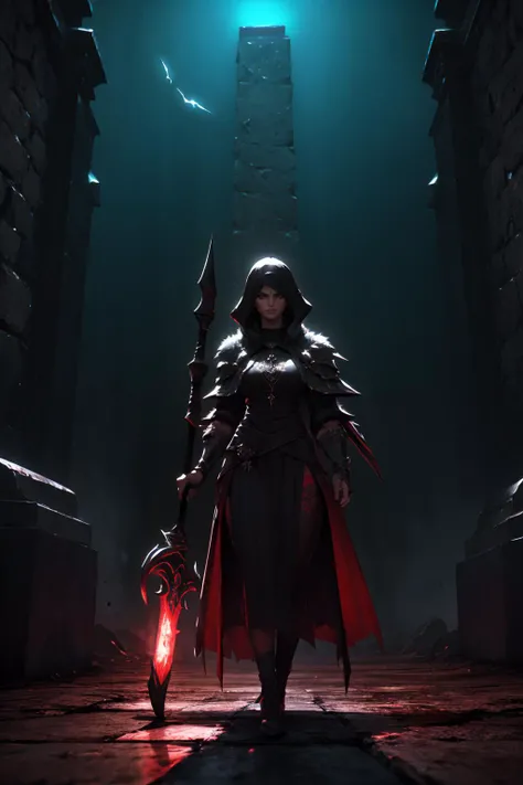 highres, masterpiece, perfect lighting, bloom, cinematic lighting, adult, female, looking at viewer, <lora:Dark_Knight_MINI:1> DRK_Glam, dark armor, wearing DRK_Glam <lora:UnlimitedBladeWorks1.6:1> Scythe, holding, weapon, holding weapon, smug, smirk, angry, ancient temple, dark magic, ominous, rituals, arcane symbols, shadowy, eerie, mystical, foreboding, ancient artifacts, sacrificial, cryptic inscriptions, forbidden knowledge, occult practices, mysterious energy, esoteric, sinister, hidden power, eerie atmosphere, cursed, enchanted, otherworldly, malevolent, haunting, supernatural, ancient rituals
