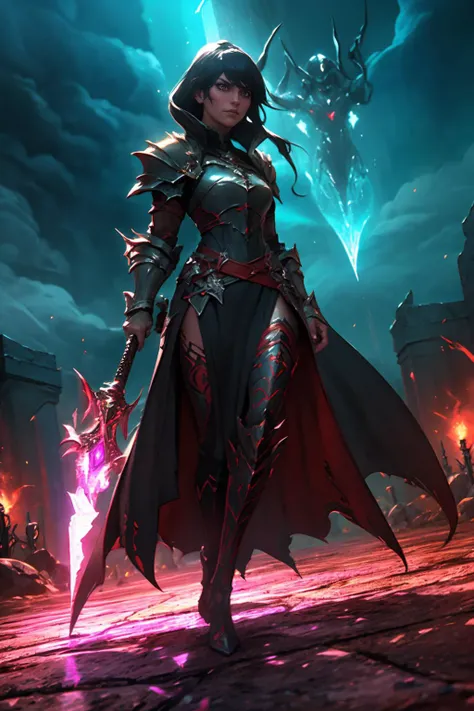 highres, masterpiece, perfect lighting, bloom, cinematic lighting, adult, female, looking at viewer, <lora:Dark_Knight_MINI:1> DRK_Glam, dark armor, wearing DRK_Glam <lora:UnlimitedBladeWorks1.6:1> Scythe, holding, weapon, holding weapon, smug, smirk, angry, medieval battleground, dark magic, sorcery, arcane spells, ominous sky, swirling shadows, battlefield chaos, mystical energies, enchanted weapons, warlocks, incantations, cursed ground, ethereal flames, dark sorcery, sinister forces, conjured beasts, epic clash, ancient curses, chaotic spells, mystical incantations, malevolent presence, battleground frenzy, enchanted armor, spectral illusions, mystical havoc