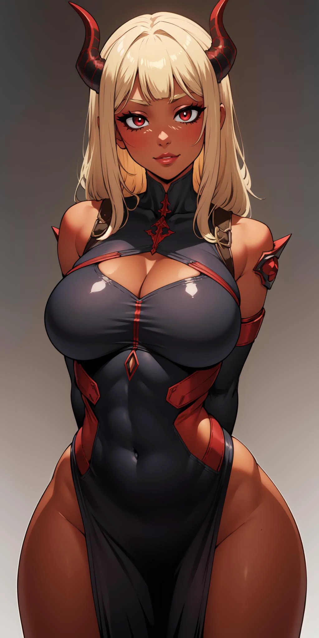(masterpiece, best quality, perfect hourglass figure, wide hips, arms behind back), busty, portrait, perfect face, flawless eyes, empty gradient background, beautiful lips, full lips, <lora:add_detail:-0.2>, cowboy shot, <lora:sanpaku-eyes-v2:0.8> , sanpaku, round pupils, red eyes, long blond hair, eyeliner, lipstick, <lora:concave:0.8> , concave bangs, slight smile, closed mouth, large horns, <lora:Dark_Knight:0.7> DRK_Glam, dark armor, wearing DRK_Glam, <lora:Dskin_v1.0:0.2> , tan, dark skin, spiked chestplate, navel, groin, cleavage, huge breasts, sagging breasts