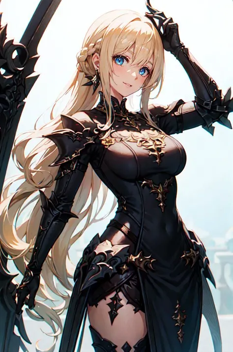 cowboy shot, <lora:DRK_Fashion:1> drk_glam, wearing drk_glam,, ultra detailed, masterpiece, best quality, aesthetic, detailed,, solo, soft smile, light smile,
1girl, blue eyes, very long hair, blonde hair, long blonde hair, french braid, bangs, medium breasts,