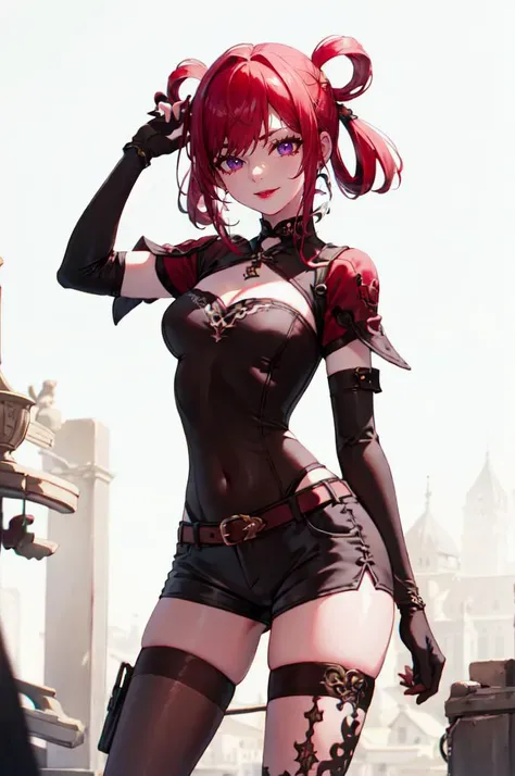 cowboy shot, <lora:DRK_Fashion:1> drk_glam, wearing drk_glam,, ultra detailed, masterpiece, best quality, aesthetic, detailed,, solo, seductive smile, red lips,
1girl, purple eyes, red hair, blunt bangs, medium breasts, <lora:hair_rings:1> low hair rings, <lora:EllaNyan:1>,, taut clothes, choker, bandeau, elbow gloves, taut shorts, lowleg shorts, navel, groin tendon, belt, patterned legwear, pantyhose, (pantyhose under shorts:1.2), high heel boots,