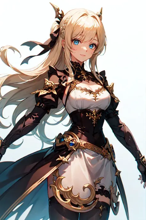 cowboy shot, <lora:DRK_Fashion:1> drk_glam, wearing drk_glam,, ultra detailed, masterpiece, best quality, aesthetic, detailed,, solo, soft smile, light smile,
1girl, blue eyes, very long hair, blonde hair, long blonde hair, french braid, bangs, medium breasts,, hair ribbon, frilled choker, criss-cross halter, sleeveless dress, high-waist skirt, backless dress, waist bow, detached sleeves, frilled sleeves, wide sleeves, pantyhose, patterned legwear, mary janes,