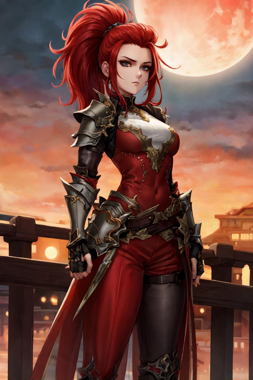 (masterpiece:1.2), (best quality:1.2), perfect eyes, perfect face, perfect lighting, 1girl, mature female standing on a bridge at night, pale skin, medium red hair, pompadour cut, drk_glam, armor, gauntlets, pauldrons, belt, straps, detailed background, emotionless, night time, red moon in the sky <lora:darkKnightFashion_v10:1>
