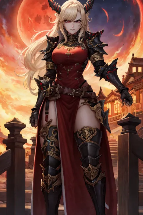 (masterpiece:1.2), (best quality:1.2), perfect eyes, perfect face, perfect lighting, 1girl, mature female standing on a bridge at night, pale skin, long hair, drk_glam, armor, gauntlets, pauldrons, belt, straps, detailed background, frowning, angry, night time, red moon in the sky <lora:darkKnightFashion_v10:1>