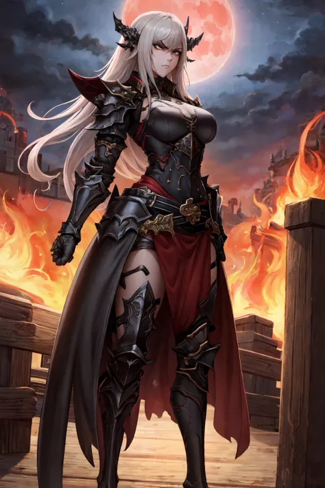 (masterpiece:1.2), (best quality:1.2), perfect eyes, perfect face, perfect lighting, 1girl, mature female standing on a bridge at night, pale skin, long hair, drk_glam, armor, gauntlets, pauldrons, belt, straps, detailed background, frowning, angry, night time, red moon in the sky   <lora:darkKnightFashion_v10:1>