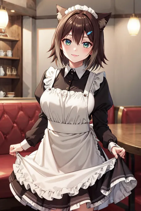 masterpiece,best quality,highres,ultra-detailed,aatamaki,cat ears,short hair,hair between eyes,bangs,hairclip,large breasts,<lora:fumino_tamaki:0.8>,indoors,cafe,maid,maid headdress,apron,(skirt hold:1.2),standing,cowboy shot,smile,