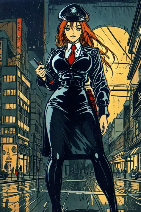 <lora:Manara_Comic_Style_v2:1.4> mnnrcstl, (sfw:1.2) feminine clockwork marionette, beady eyes as a busty and playful playgirl, 1970s exploitation quaint latex bdsm policewoman costume with (red latex police uniform with pencil skirt, dress shirt with necktie, police hat), latex glovesbold and resolute, looking at the viewer, (from below:0.8), 1970s exploitation moody night scene, city lights, heavy rain, puddles, , neon advertisements, bioluminescence, blinkenlights, gold and steel, 1970s exploitation quaint devices