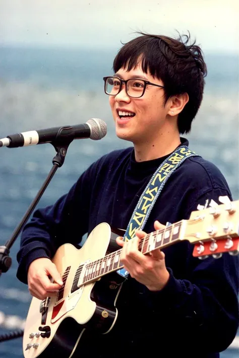 best quality, ultra high res, (photorealistic:1.4), masterpiece, Concert background,1boy,standing,On stage,Play the guitar,sing(looking at viewer), <lora:zhangyusheng:0.8>