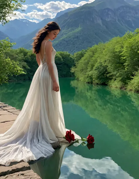 As the sun dipped low in the sky, illuminating Lilly's raven-black cascading waves of hair, she stood gracefully on a flowing, ivory-white gown, adorned with enchanting green eyes, her delicate hand cradling a single red rose, all set against the backdrop of distant mountains and their majestic peaks, her posture exuding an air of confidence and sensuality on the ancient stone bridge overlooking a serene, emerald-green lake, the water's surface rippling gently beneath her feet, casting a mesmerizing reflection that mirrored her beauty like a dream come to life. <lora:ntmhwy18fdbd28479tff:1>