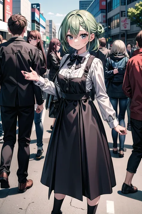 insanely detailed, absurdres, ultra-highres, ultra-detailed, best quality,
1girl, solo, nice hands, perfect hands
BREAK
braid, shirt, holding, mary janes, socks, black skirt, long hair, white shirt, suspender skirt, white socks, long sleeves, ribbon, suspenders, standing, ruffles, black ribbon, bow , black bow tie, long skirt, black bow, neck ribbon, bowtie, bag
, BREAK (nsfw:-1.5)
BREAK
happy smile, laugh, closed mouth
BREAK
,
standing, cowboy shot, looking at viewer
BREAK
slender, kawaii, perfect symmetrical face, ultra cute girl, ultra cute face, ultra detailed eyes, ultra detailed hair, ultra cute, ultra beautiful
BREAK
shibuya, akihabara, tokyo, street, crowd, cityscape, depth of field, ultra detailed background
BREAK
medium large breasts
BREAK
green hair, black eyes, half updo, hair between eyes