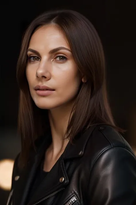 Sharp Focus, wo_conny01, head and shoulder shot, parted lips, wearing a black leather jacket, low key lighting, shot on Lumix GH5, cinematic bokeh, long brown hair, minimalistic background, sharp cheekbones, teasing, detailed skin, wrinkles,<lora:woConny02:0.8>.