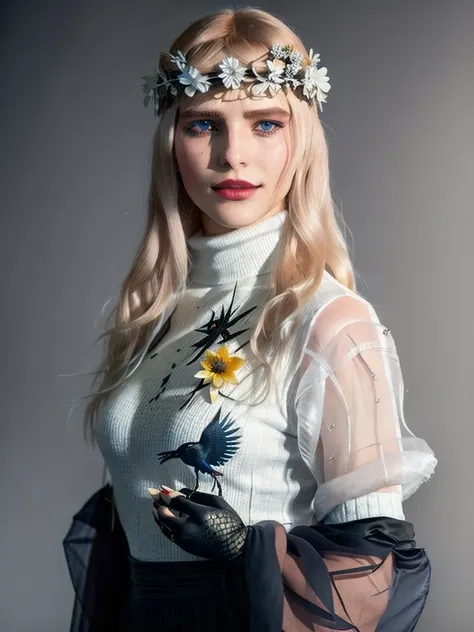 Cicciolina , crow flower, portrait, white cyberpunk turtleneck, long pants, photography, trending on artstation, sharp focus, studio photo, intricate details, highly detailed, by greg rutkowski <lora:Cicciolina:0.8>