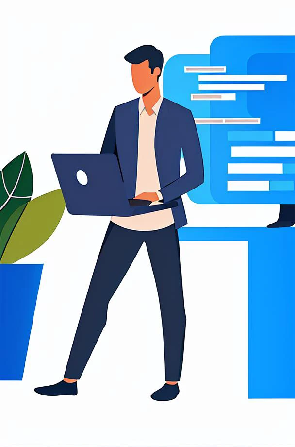 (masterpiece, best quality:1.3), 8k, 1boy, solo, (full body:1.1), standing, laptop, computer, faceless, white background, data chart, data, leaf, flat color, no lineart, flat illustration, Vector diagram, minimalism, <lora:business data flat-v1.2:0.8>