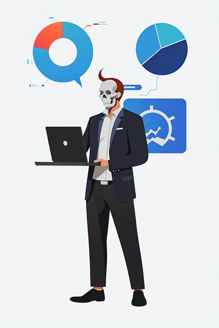 (masterpiece, best quality:1.3), 8k, Style-Necromancy, solo, (full body:1.1), standing, laptop, faceless computer, white background, data chart, data, pie chart, flat color, no lineart, flat illustration, Vector diagram, minimalism, <lora:business data flat-v1.2:0.6>