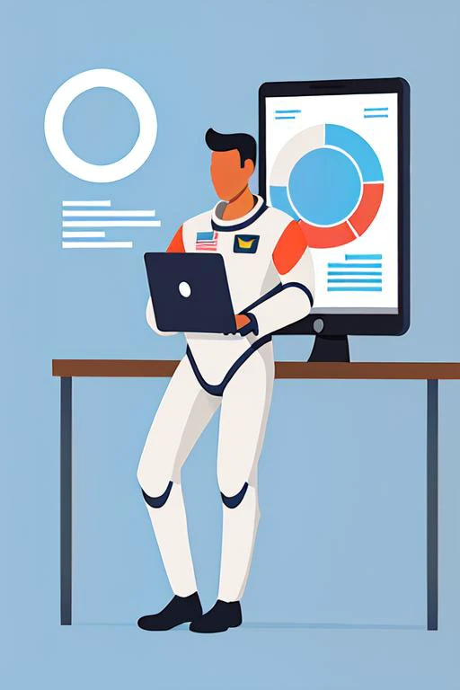(masterpiece, best quality:1.3), 8k, astronaut, space suit, solo, (full body:1.1), standing, laptop, faceless computer, white background, data chart, data, pie chart, flat color, no lineart, flat illustration, Vector diagram, minimalism, <lora:business data flat-v1.2:0.7>