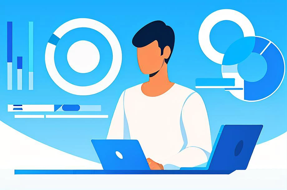 (masterpiece, best quality:1.3), 8k, 1boy, solo, upper body, standing, laptop, computer, faceless, white background, data chart, data, pie chart, flat color, no lineart, flat illustration, Vector diagram, minimalism, <lora:business data flat-v1.2:0.8>